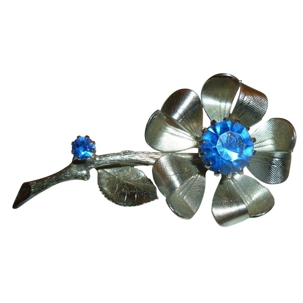 Vintage Silver Tone Blue Rhinestone Flower Brooch Textured Petal Floral Pin